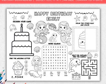 Printable Mermaid Activity Placemat, Under the Sea Kids Coloring Sheet, Birthday Party Activity for Children, Kids Party Favor Coloring Page