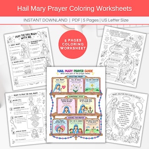 Può includere: Un set di cinque fogli da colorare sulla preghiera dell'Ave Maria. Le pagine presentano illustrazioni in bianco e nero di figure religiose, fiori e rosari, insieme a una guida centrale a colori con pannelli illustrati.