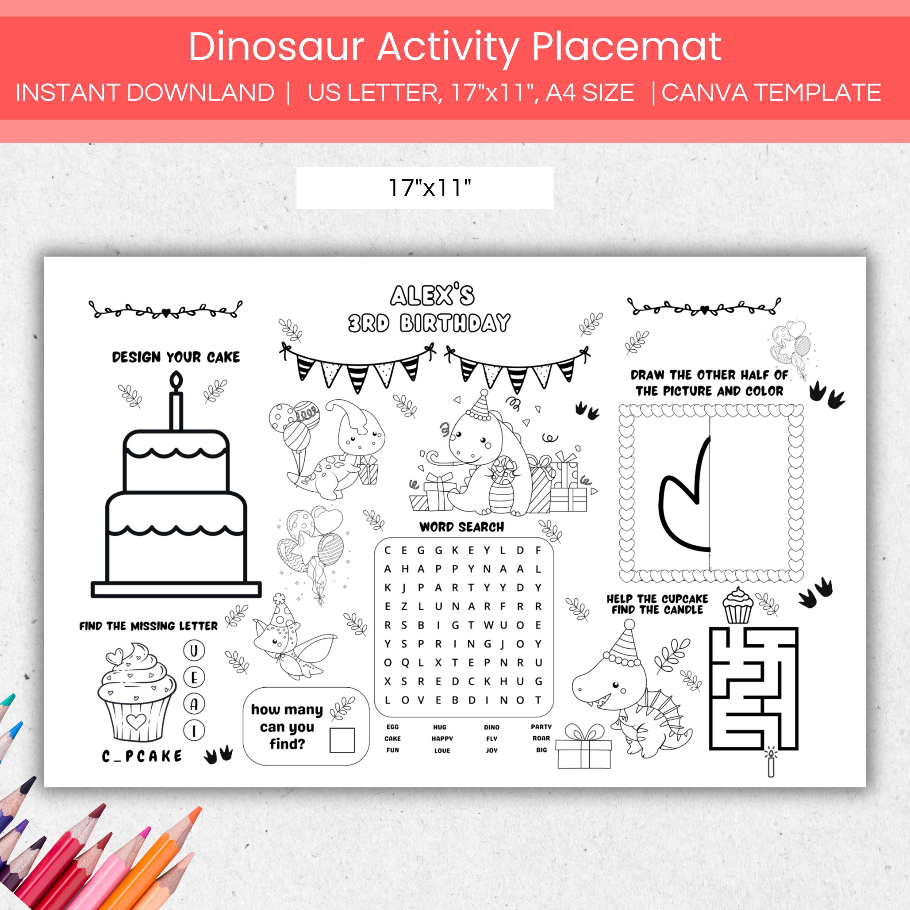 Dinosaur Birthday Placemat Activity Sheet, Editable Dino Kids Birthday ...