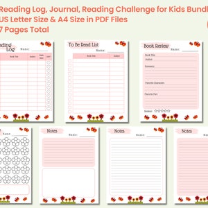 Tracker registro di lettura per bambini stampabile, diario di lettura, recensione di libri, pacchetto sfida di lettura di 30 giorni in tema fiore rosa rosso e farfalla
