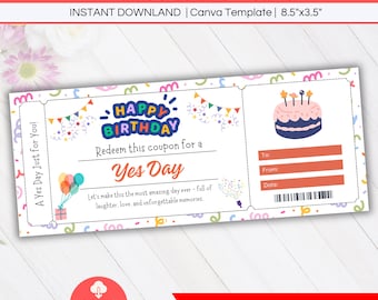 Yes Day Ticket Printable, Editable Happy Birthday Fun Day Gift Certificate, Surprise Experience Coupon Canva Template, Kids Gift Voucher