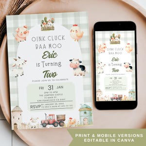 May include: A green and white checkered invitation for a farm-themed birthday party. The invitation features a cartoon pig, cow, goat, and chicken. The text on the invitation reads "Oink Cluck BAA Moo Eric is Turning Two. Please join us to celebrate. Fri 31 Jan 2PM to 4PM The Jumping Castle 111 Main St. San Francisco CA 94111 By January 28, 20XX RSVP to Eric's Mom at 415-111-1111"