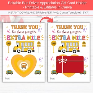 Porte-carte cadeau pour chauffeur de bus scolaire Merci d'avoir fait un kilomètre modifiable, carte de remerciement pour chauffeur de bus imprimable, cadeau de fin d'année scolaire