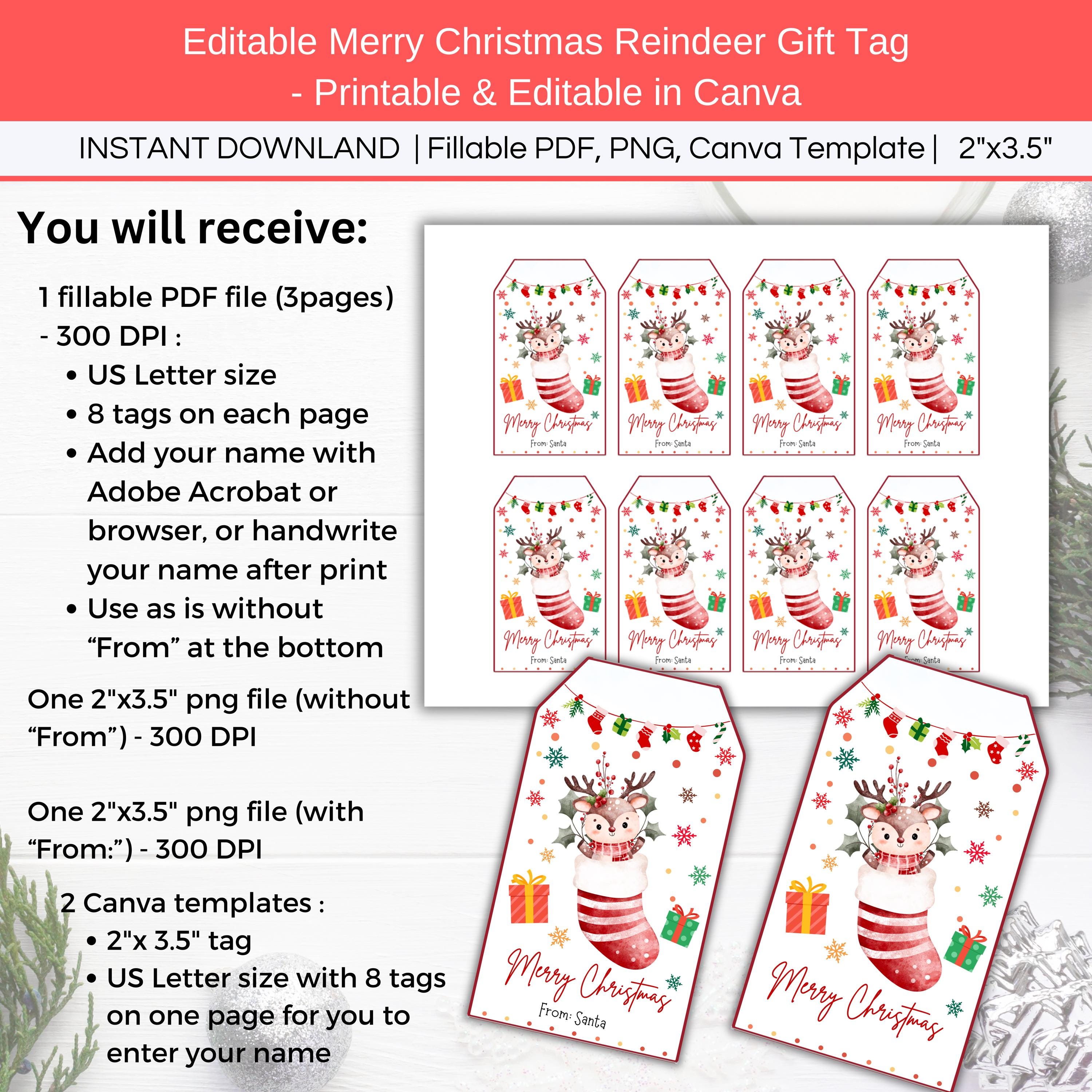Printable Reindeer Gift Tags, Editable Christmas Treat Tags, Merry ...