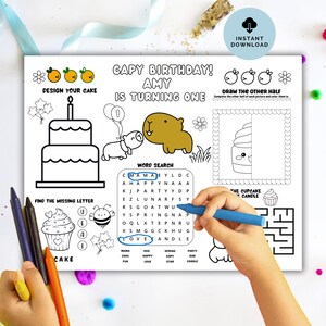 Capybara Birthday Party Coloring Page Activity Placemat Editable, Capy ...