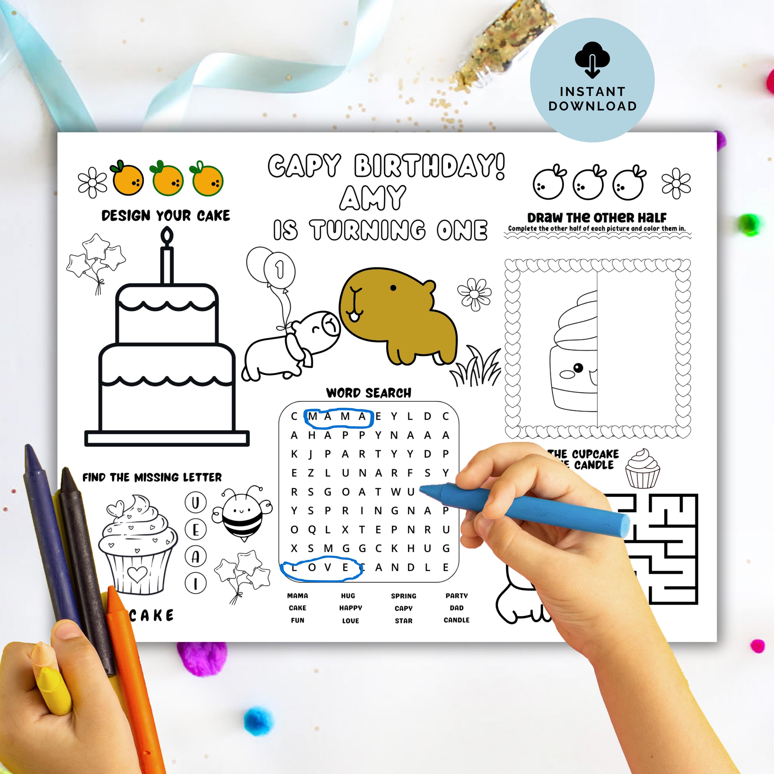 Capybara Birthday Party Coloring Page Activity Placemat Editable, Capy ...