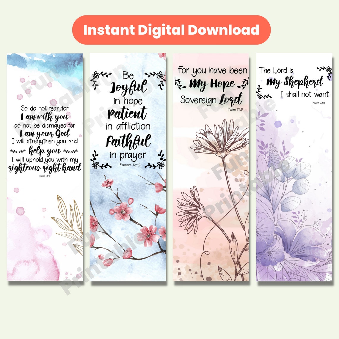 12 Bible Verses Printable Bookmark Set, Watercolor Floral Bookmarks ...