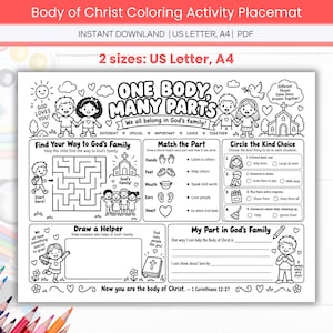 Peut inclure: Un set de table de coloriage en noir et blanc intitulé One Body, Many Parts. Il comprend un labyrinthe, des jeux d'association et des exercices d'écriture avec des illustrations d'enfants, une église et des cœurs. Le texte inclut God Loves You.