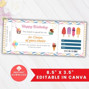 Buoni regalo per gelato stampabili, Buono regalo modificabile per gelato di buon compleanno, Bomboniera per feste estive, Modello Canva per biglietti del gelato