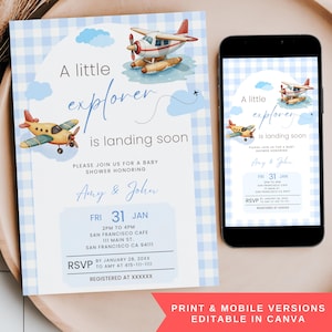 Little Explorer Landing Soon Baby Shower Invitation, Editable Blue Gingham Retro Airplane Travel Adventure Mobile Phone Text Digital Invite