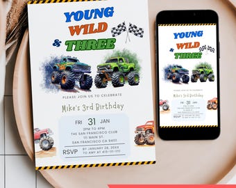 Monster Truck Third Birthday Invitation, Young Wild & Three Boy Birthday Invite, Editable Monster Jam Car Digital Mobile Phone Text Invite