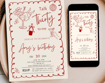Talk Thirty To Me Invite, 30th Birthday Invitation, Editable Turning Thirty Canva Hand Drawn Doodle Milestone Party Mobile Phone Text Invite