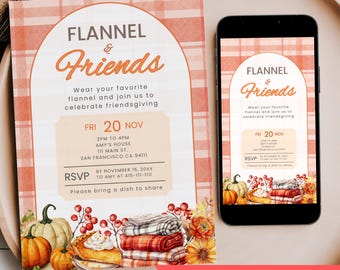 Flannel and Friends Invite, Editable Thanksgiving Party Friendsgiving Invitation Template, Fall Dinner Potluck Phone Text Digital Invite