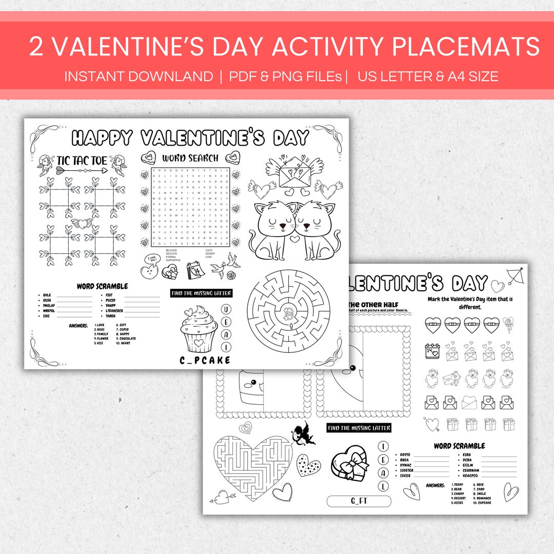 Valentine's Day Activity Placemat Printable for Kids, Valentine's Day ...