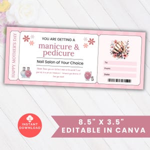 Cupón de regalo editable para manicura y pedicura para el Día de la Madre, boleto imprimible para salón de manicura y pedicura, regalo para mamá, abuela y mamá.