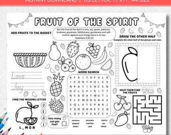 Fruit of the Spirit Activity Placemat, Printable Sunday School Christian Coloring Activity Sheet for Kids, Bible Verse Lesson Galatians 5:22