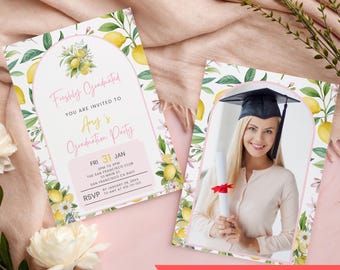 Lemon Graduation Invite Editable, Freshly Graduated Graduation Announcement Party Invitation, Pink Floral Digital Mobile Phone Text Invite