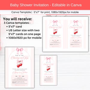 She is the Cherry on Top Baby Shower Invitation, Editable Pink Coquette Bow Theme Girl Baby Shower Mobile Phone Text Digital Party Invite