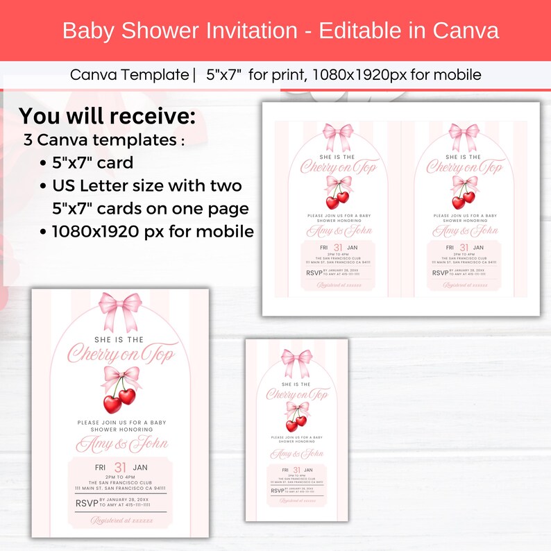 She is the Cherry on Top Baby Shower Invitation, Editable Pink Coquette Bow Theme Girl Baby Shower Mobile Phone Text Digital Party Invite