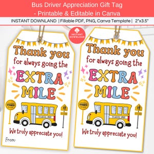 Étiquette-cadeau pour chauffeur de bus scolaire Merci d'avoir fait un kilomètre modifiable, étiquette de remerciement pour chauffeur de bus imprimable, cadeau de fin d'année scolaire