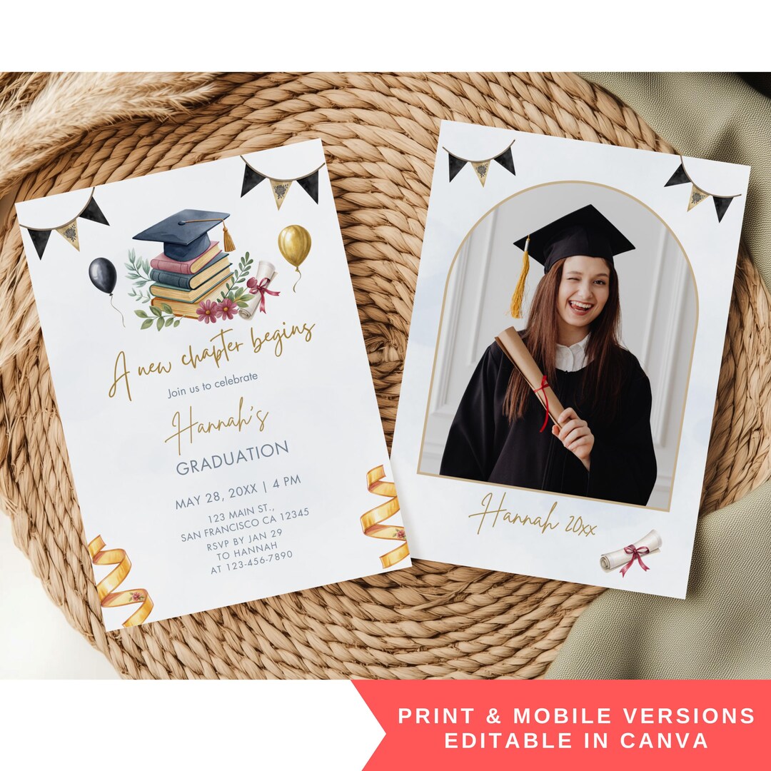 A New Chapter Begins Graduation Party Invitation, Editable Book Theme ...