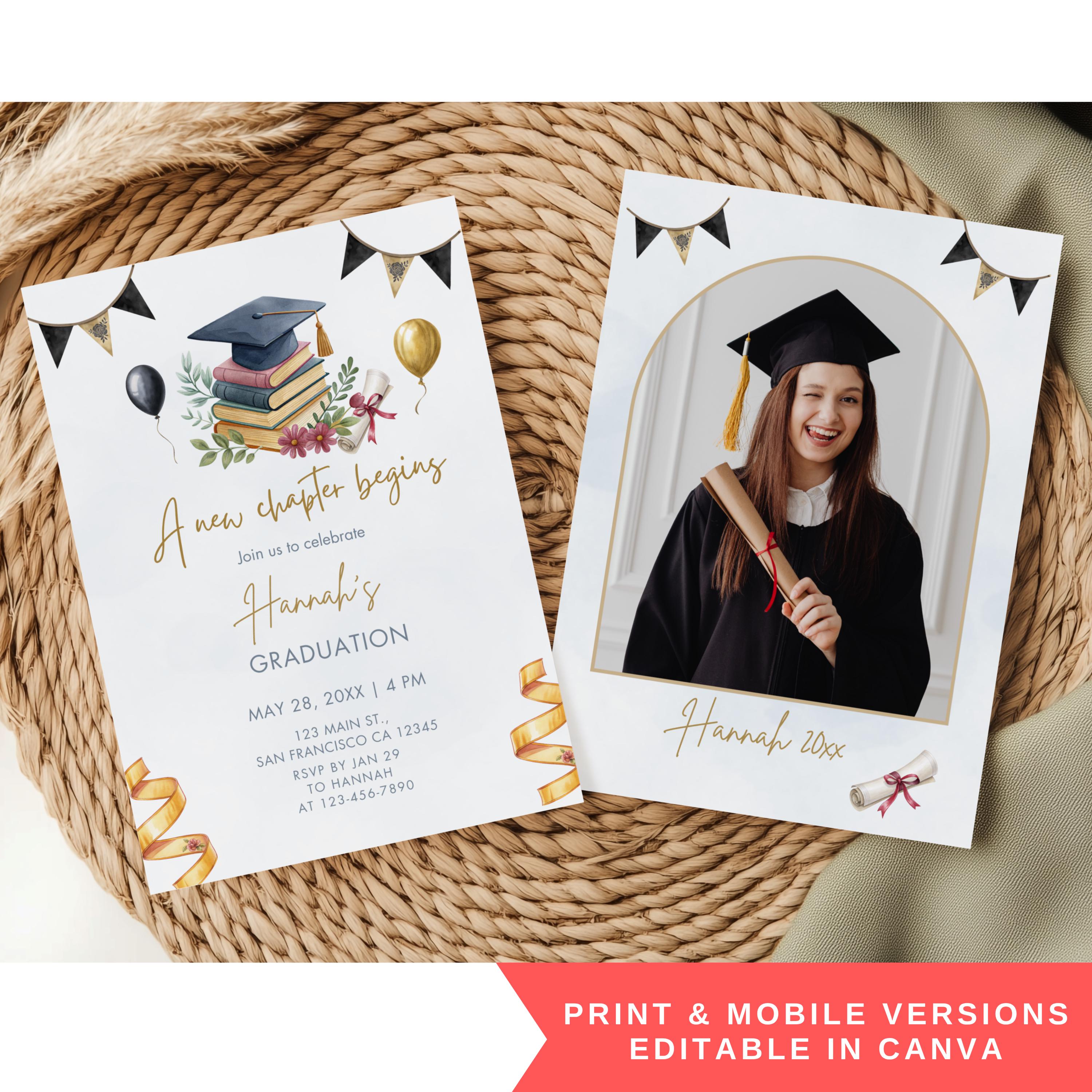 A New Chapter Begins Graduation Party Invitation, Editable Book Theme ...