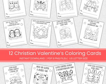 Bible Verses Valentines Coloring Cards for Kids, Printable Animal Valentine's Day Coloring Cards, Classmate Valentines, Love Bible Verses