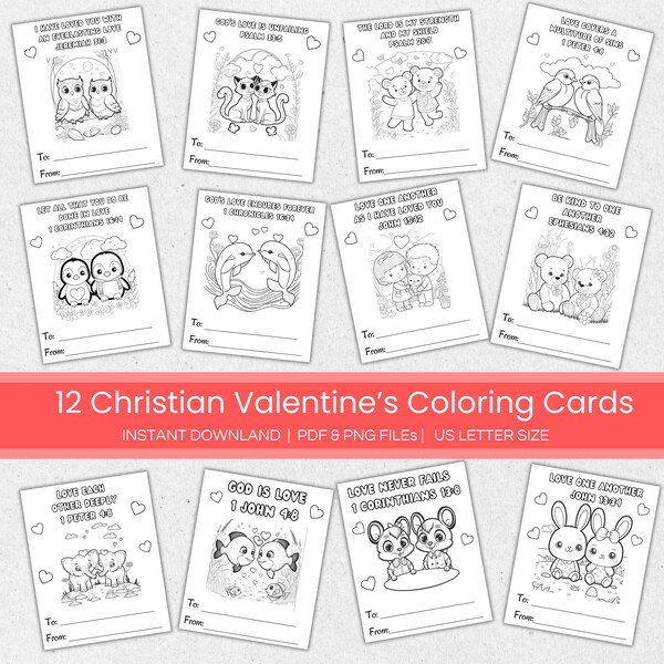 Bible Verses Valentines Coloring Cards for Kids, Printable Animal Valentine's Day Coloring Cards, Classmate Valentines, Love Bible Verses