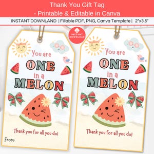 Può includere: Due etichette regalo a tema anguria. Ogni etichetta riporta la scritta "You are ONE in a MELON" con illustrazioni di fette di anguria, fiocchi e un'anguria sorridente. Le etichette dicono anche "Thank you for all you do!"