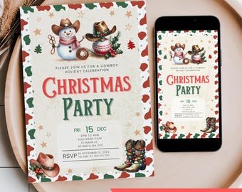 May include: A Christmas party invitation with a cowboy theme. The invitation features a snowman and a decorated ornament wearing cowboy hats. The text "Christmas Party" is prominently displayed, along with event details and RSVP information.