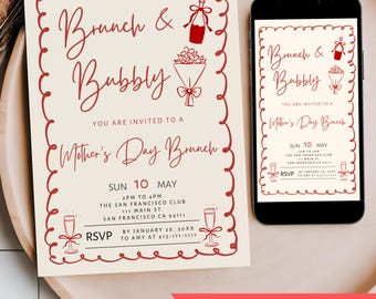 Brunch & Bubbly Mother's Day Party Invite Editable, Doodle Mom's Breakfast Party Invitation, Grandma Aunt Digital Mobile Phone Text Invite