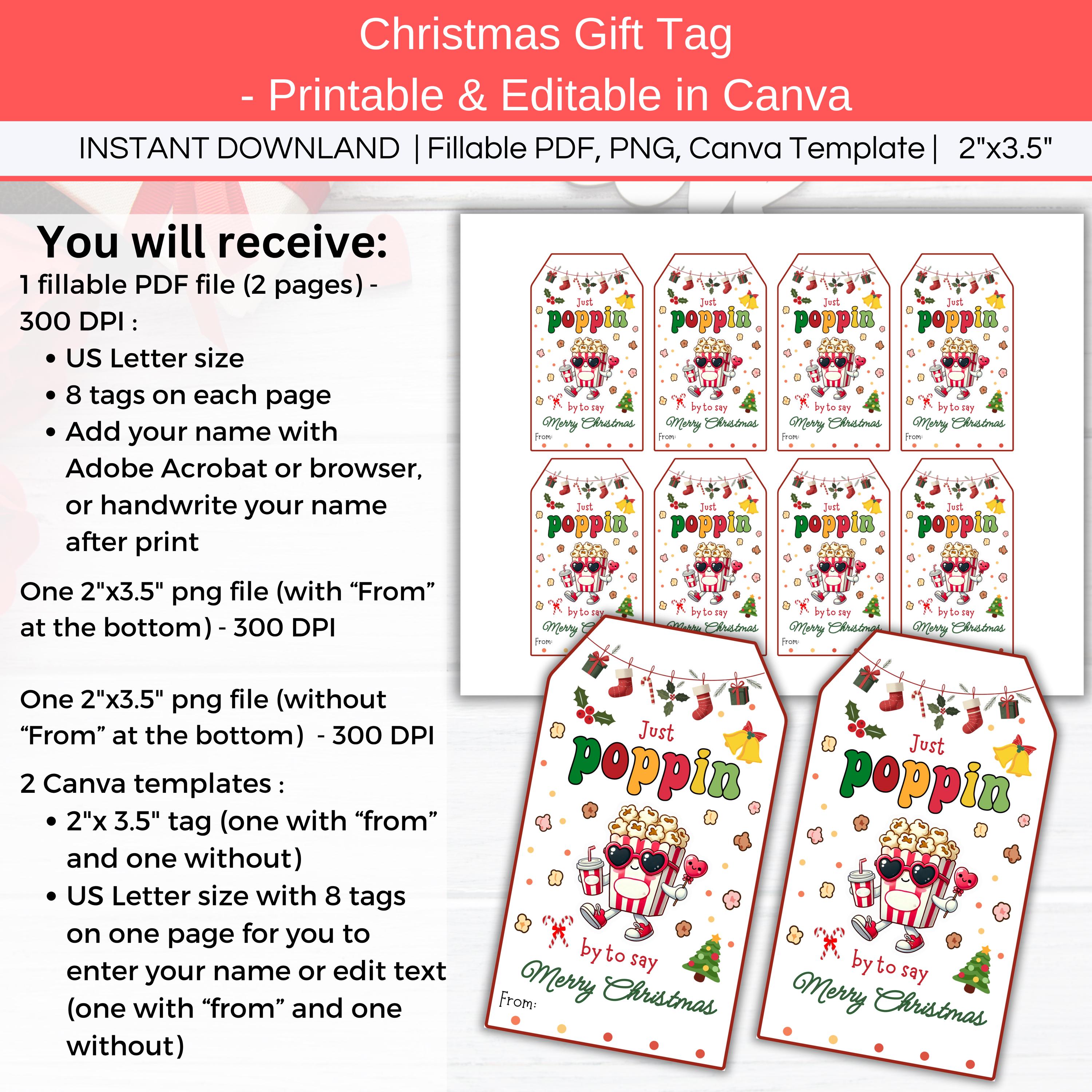 Just Poppin by to Say Merry Christmas Gift Tag, Editable Printable ...