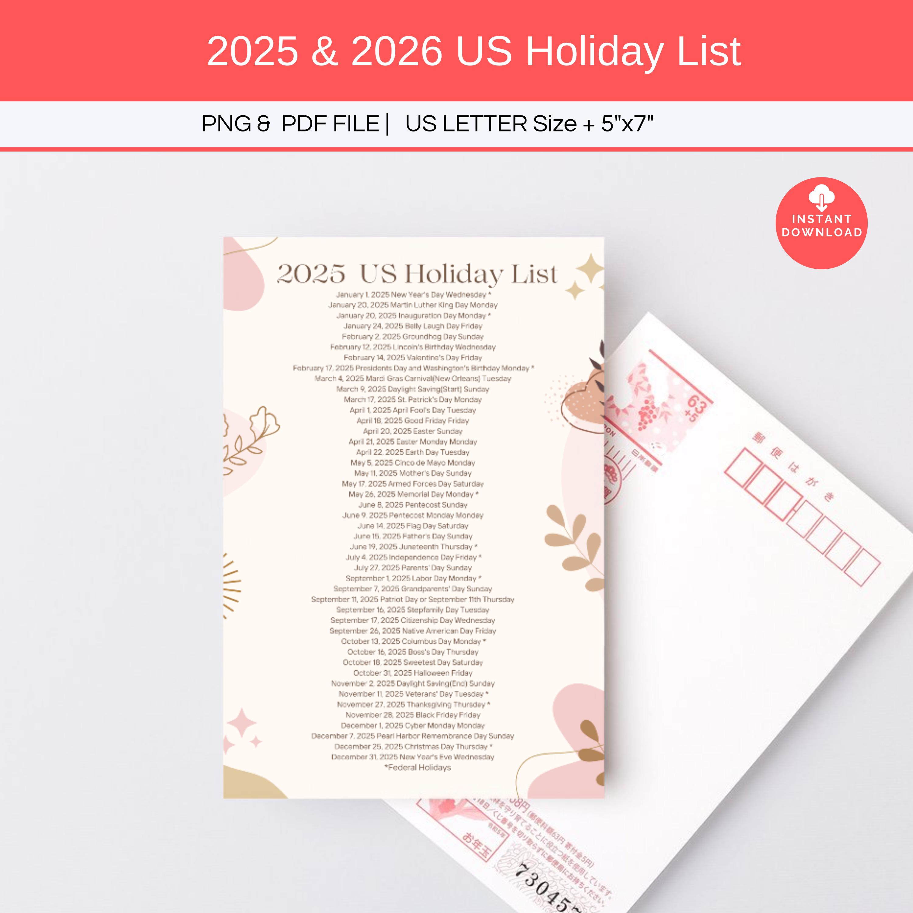 2025 Holiday List, 2026 Holiday List Printable, US Federal Holidays ...