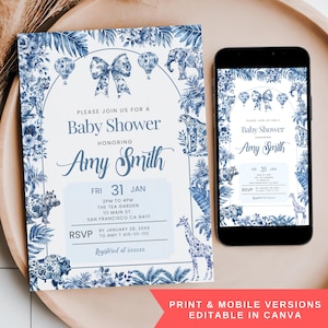 Blue Toile Safari Baby Shower Invitation, Editable Floral Animal Safari Toile De Jouy Chinoiserie Boy Mobile Phone Text Digital Party Invite