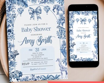 Blue Toile Safari Baby Shower Invitation, Editable Floral Animal Safari Toile De Jouy Chinoiserie Boy Mobile Phone Text Digital Party Invite