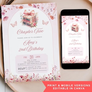 May include: A pink birthday invitation with the text "Chapter Two" and "Amy's 2nd Birthday." The design features a stack of books with a bow, butterflies, and floral accents. A smartphone shows the same invitation.