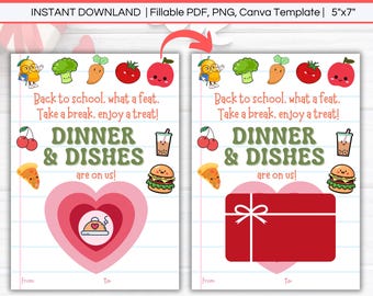 Dinner and Dishes On Us Teacher Gift Card Holder Printable, Editable First Day of School Back to School Teacher Staff Appreciation Meal Gift