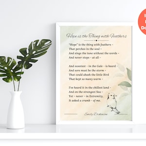Hope is the Thing with Feathers by Emily Dickinson Printable Typography Poem Wall Art, Downloadable Minimalist Greenery Quote Home Decor