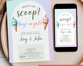 May include: A gender reveal invitation with the text "What's the scoop? boy? or girl?" and ice cream cone illustrations. The invitation includes event details and a mobile version on a smartphone.