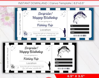 Fishing Trip Gift Ticket Voucher, Fishing Day Adventure Coupon Gift Certificate Template Editable, Boyfriend Husband Father Birthday Gift