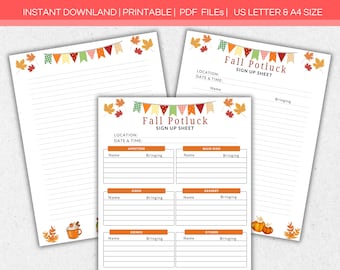 May include: Two printable fall potluck sign up sheets with a festive autumn theme. Each sheet has a title "Fall Potluck Sign Up Sheet" and includes sections for names, what they are bringing, and categories like appetizers, main dish, dessert, drinks, and others. The sheets are decorated with fall leaves, pumpkins, and a banner of colorful flags.