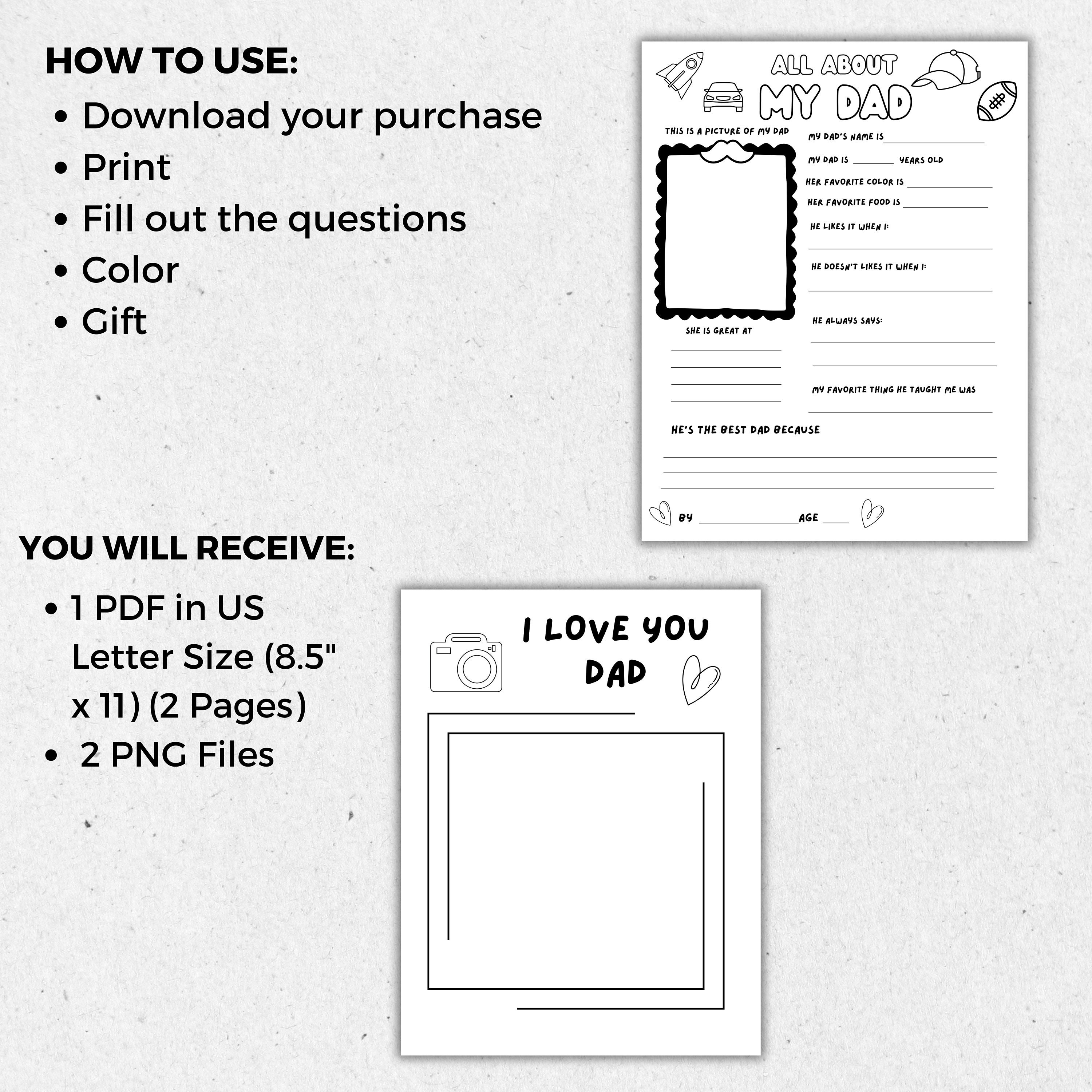 All About My Dad Questionnaire Coloring Page, Printable Father's Day ...