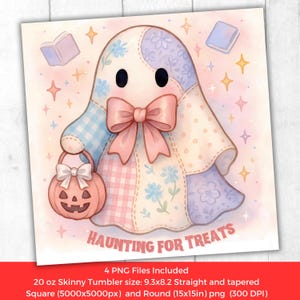 Könnte beinhalten: Aquarellillustration eines Patchwork-Geistes, der einen Kürbis-Korb mit einer Schleife hält. Der Geist hat eine rosa Schleife und ist von Sternen und Büchern umgeben. Der Text "HAUNTING FOR TREATS" steht unten.