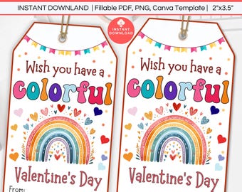 Rainbow Valentine's Day Gift Tag Download, Editable Crayon Valentine, Kid Treat Bag Tag, School Valentine Classroom Valentine Card Exchange
