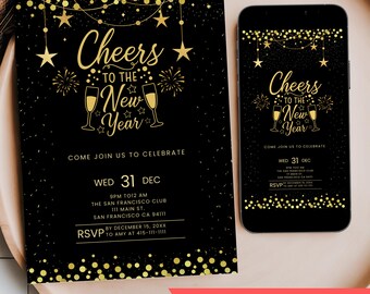 New Years Party Invitation, Editable Cheers to the New Year Invite, Holiday New Year’s Eve NYE Cocktail Mobile Phone Text Digital Invite