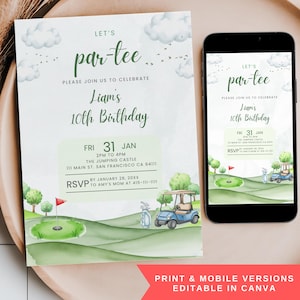Puede incluir: Una invitación de cumpleaños con temática de golf con el texto "Let's par-tee" y "10º Cumpleaños de Liam". El diseño incluye una ilustración de campo de golf, un carrito de golf y una versión móvil.