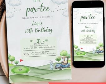ゴルフ・レッツ・パーティー誕生日招待状、あらゆる年齢層向けの楽しいゴルフパーティー招待状、ゴルフ愛好家の誕生日パーティー携帯電話テキストデジタル招待状