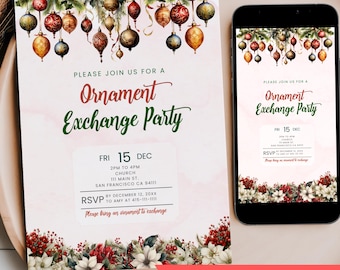 May include: A festive invitation for an Ornament Exchange Party. The design features watercolor-style Christmas ornaments, greenery, and floral accents. The invitation includes event details and RSVP information, with print and mobile versions available.