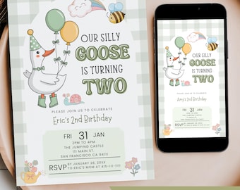 Silly Goose 2nd Birthday Party Invitation, Editable Boy Girl Green Groovy Turning Two Year Old Animal Theme Digital Mobile Phone Text Invite