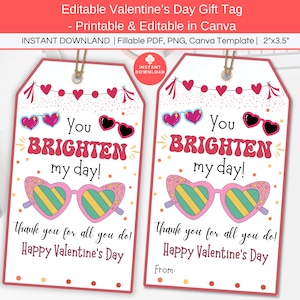 Zonnebril Valentijnslabel bewerkbaar, hart zonnebril cadeaulabel afdrukbaar, label voor kinderen in de klas, niet-snoeptraktatie, You Brighten My Day Party Favor